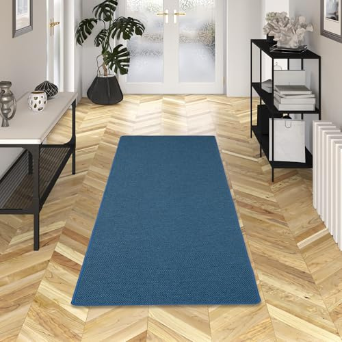 Hochwertiger Teppichläufer aus Flachgewebe in Blau - 100% Polypropylen, Robust, Strapazierfähig und Pflegeleicht, erhältlich in vielen Farben und Größen, Ideal für Wohnzimmer, Esszimmer und Flur