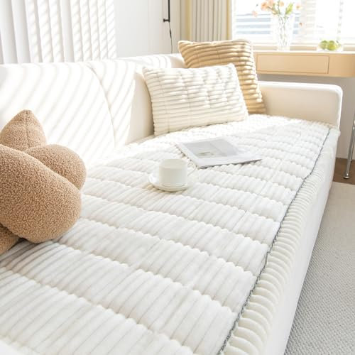 GKXLH Dicke Sofa überzug Waschbar - Neu Weiches Kord Universal Couch überzug 2 3 4 Sitzer, Anti-Rutsch Sofabezug, Gemütlich Sofa Cover Sofa bezug Sofaüberwürfe Möbelschoner für Wohnzimmer (Weiß)