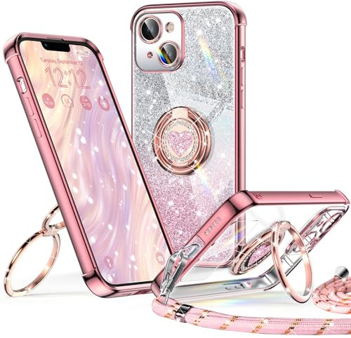 XYZ for iPhone 13 Case with Stand, Soft Cute Luxury Love Heart with Lanyard for Women Girls, Double Ring Bling Glitter Clear Protective Phone Cover Case for iPhone 13 - Pink