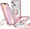 XYZ for iPhone 13 Case with Stand, Soft Cute Luxury Love Heart with Lanyard for Women Girls, Double Ring Bling Glitter Clear Protective Phone Cover Case for iPhone 13 - Pink