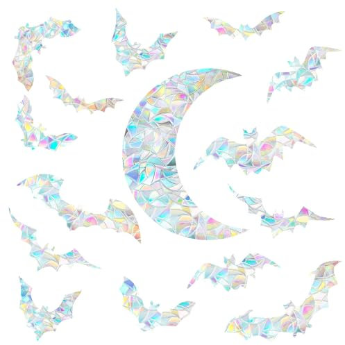 Bat Window Clings Halloween Moon Bat Window Decals Static Cling Bats Window Stickers Anti Collision Window Decals for Bird Strikes Prismatic Vinyl Rainbow Suncatcher Stickers