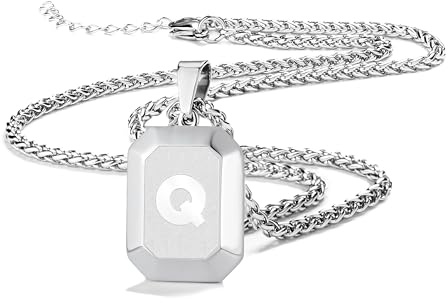 Männer Herren Edelstahl Halskette Mit Alphabet Schmuck Geschenke | Silber Schwarz Gold Quadrat Hundemarke Initial Monogramm A-Z Kette für Jungen 20 + 2 Zoll Weizen Kette Unisex