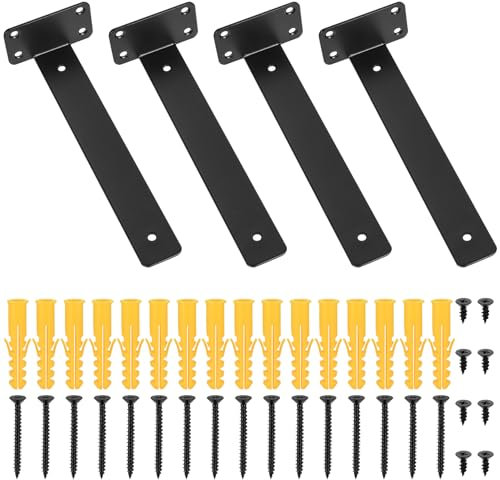 4 Pcs Équerre Étagère de Fixation, 255mm Equerre Etagere Murale, Support Etagere Murale, Supports d'étagère en Bois, Equerre de Fixation Murale, Etagere Murale Fixation Invisible Flottants, Noire