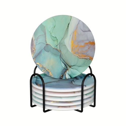 Vibiliyou Lot de 6 dessous de verre à motif marbré vert avec support, pas de rayures et de saleté, dessous de verre absorbants en céramique avec base en liège