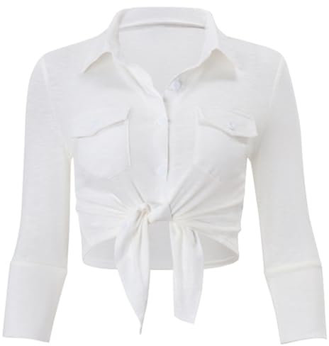 YiZYiF Women Tie Front Blouse Crop Top Long Sleeve Turn-Down Button Casual Shirt Tops Short White S
