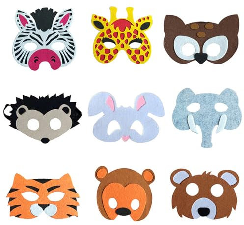 MYLERCT Filzmaterial Tiermasken 9 Stück Tiermaske, Weich, Angenehm zu Tragen, Filzmaske Geeignet für Geburtstagsfeiern, Kostümpartys