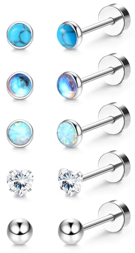 JeweBella 5 Paar G23 Titan Ohrringe Damen Medizinische Ohrstecker Set | Hypoallergen Türkis Mondstein Opal Cubic Zirkonia Titan Ohrstecker ,Gesundheitsstecker Ohrringe Set,Knorpel Piercing Ohr