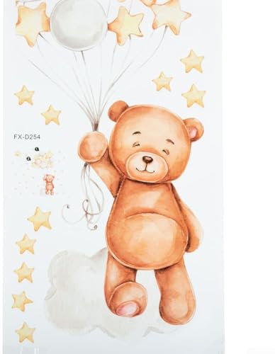 Wanddeko für Kinderzimmer, niedlicher Teddybär mit Luftballons und Sternen, abnehmbarer Wandaufkleber für Kinderzimmer