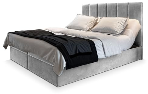Masseno Boxspringbett BARINO 140x200 cm Komplett-Set mit Matratze und Topper, Polsterbett mit Zwei Bettkästen -Hellgrau, Paros 05