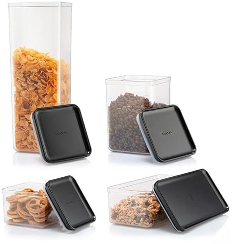 Bodum Set of 12 Storage Jars with Black Lids CANTEEN - BPA-Free & Dishwasher Safe Food Containers - Stackable & Transparent