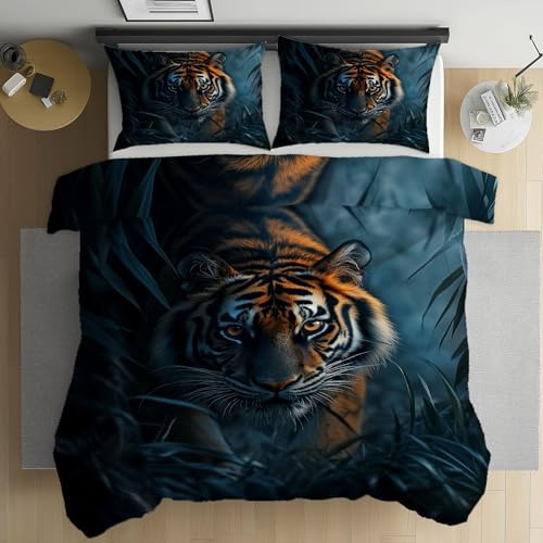 Kntnshac Wildtiere Tiger Bettwäsche 155x220 Dschungel Tierdruck Microfaser Wendebettwäsche Bettdeckenbezug für Kinder mit Reißverschluss，Enthält 1 Bettbezug und 2 Kissenbezug 80x80 cm