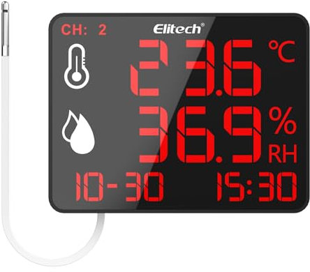 Elitech Digital Hygrometer Thermometer with 2m External Probe, Bluetooth Data Logger with APP, 30000 Points Memory, Large Screen for Warehouse Greenhouse Lab, DR-230-THE