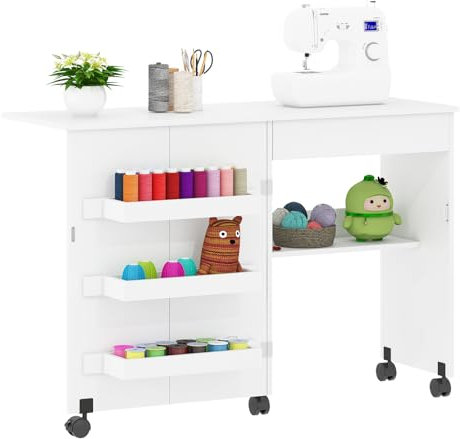 Nähtisch 2-in-1 klappbarer Basteltisch mit offenen Ablageflächen und Rollrollen, Nähmaschinen-Schreibtisch-Arbeitsplatz für Home Office