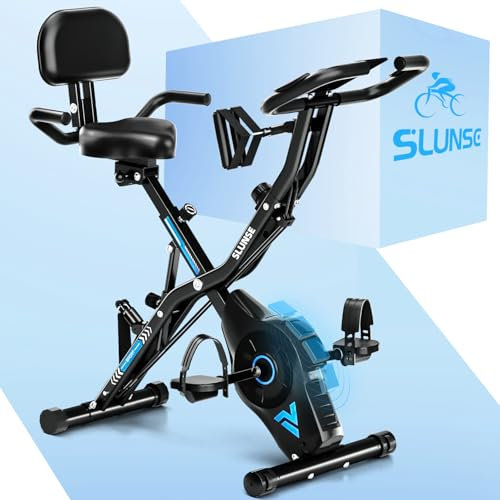Exercise Bike for Home, SLUNSE 5 IN 1 Indoor Workout Bike,16-Level Magnetic Resistance Folding Stationary Exercise Bike, 350LBS Capacity and Comfortable Seat Cushion（Blue）
