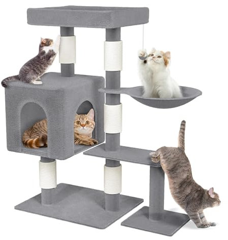 SUBTLETY Kratzbaum Klein 92,5cm Hoch Aktivitätskratzbäume Katzen Kletterturm mit Sisal-Säulen, Plattformen, Katzenhöhle & Hängematte rutschfeste Kletterbaum für Indoor-Katzen (K1276, Grau)