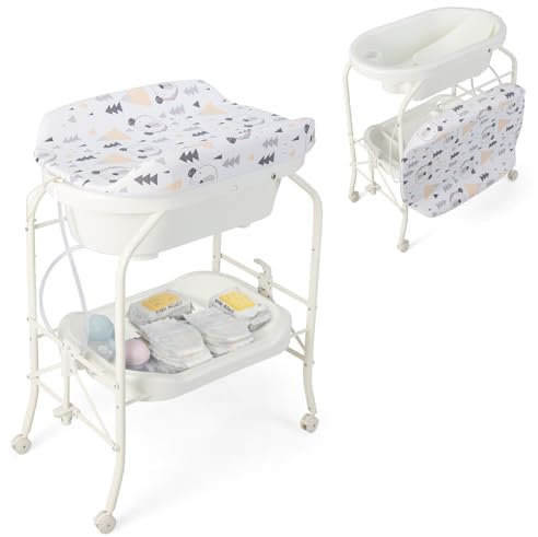 DREAMADE 2 in 1 Wickeltisch & Badewanne mit Gestell, Wickeltisch Klappbar, Wickelkommode auf Rollen mit Bremsen, Badestation Baby ab Geburt bis 15 kg (Weiß)