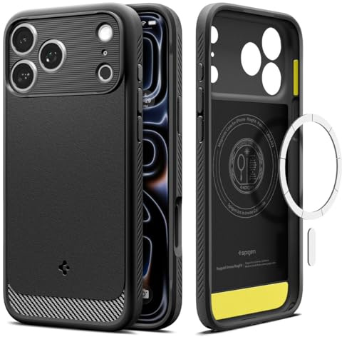 Spigen iPhone 17 Pro Hülle Rugged Armor MagFit - Matte Black | Kompatibel mit MagSafe, Carbonfaser Muster, Sicherer Grip, Military-Grade Schutz, Durchdachte Details