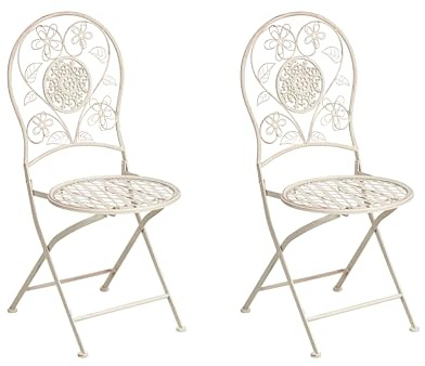 Beliani Outdoor Set of 2 Chairs Metal Vintage Style Floral Pattern Folding Iron Frame Light Beige Yaviza