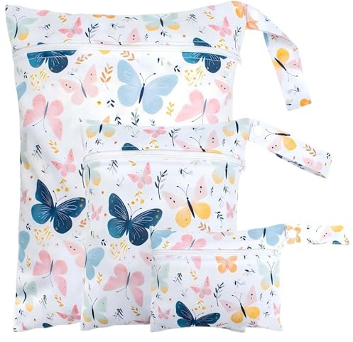 3 PCS Dinosaur Pattern Nappy Bags,Reusable Nappy Bag Organiser Baby Items, Travel Laundry Bag, Wet Bag for Swimming, Waterproof Wet Dry Bags for Travel, Beach, Camping, Swimming, Gym (Butterfly)