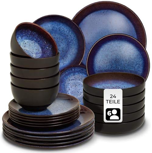tectake® Set stoviglie 24 pezzi terracotta, servizio piatti 6 persone, set piatti moderni grandi, piccoli, fondi, ciotole, gres smaltato, design moderno, adatto lavastoviglie microonde - Blu/Marrone