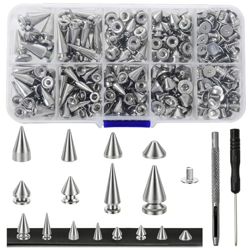 379Pcs Studs for Clothing Punk Spikes and Studs Kit Cone Studs Spikes with Screwbacks Metal Spikes Screw Back Punk Rivets Studs for DIY Bags Clothing Leather Craft & Jewelry (8 Size, Silver)
