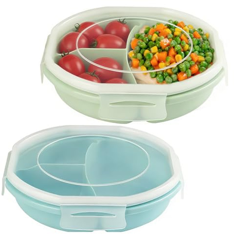 FARYODI Lot de 2 bols Bento à 3 compartiments de rangement séparés - Boîte de rangement hermétique avec fermeture - Vaisselle sans BPA - Passe au micro-ondes (bleu + vert)