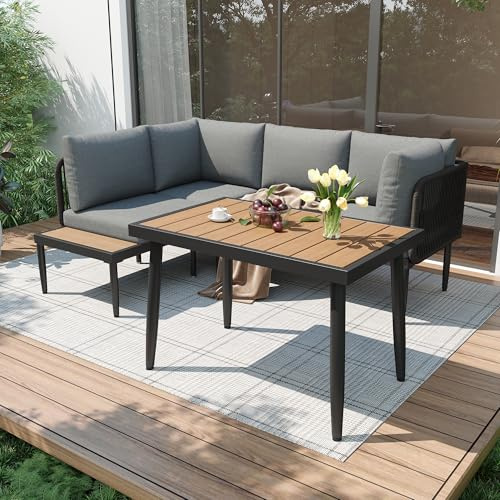 TOBIDOEN Garten Essgruppe, Ecksofa mit Esstisch, Stahlrohr und Kunststoff Holz Tischplatte, Olefingewebe und Handgewebte Seilkunst, Platzsparend für Familientreffen im Garten, Grau