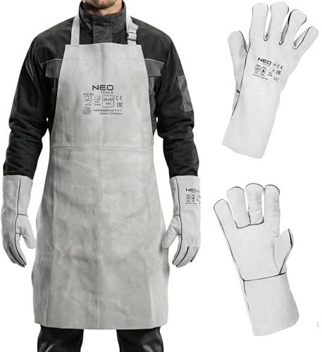 NEO TOOLS Grembiule da saldatore in pelle di alta qualità 60 x 90 cm, protezione resistente per lavori di saldatura, resistente al calore e ignifugo, cinghia per la nuca e cintura regolabili, 60 x 90