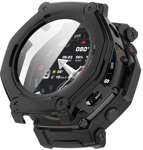 Techsuit für Amazfit T-Rex 3 Pro Hülle und Displayschutz mit Gehärtetem Glas, HD Klarheit, Volle Abdeckung, Kratzschutz, Schlankes Design, Defense360 Pro, Schwarz