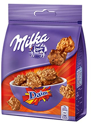Milka Snax - Confiserie aux Cornflakes, Éclats de Daim & Chocolat au Lait - Idéale pour Pauses Gourmandes - Sachet de 145 g