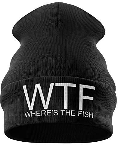 WTF Wheres The Fish Embroidered Carp Fishing Beanie Hat for Mens Fishing Gifts for Men (Black)