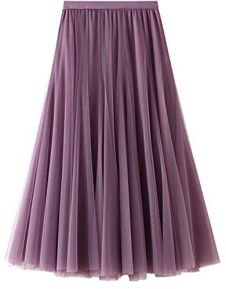Damen Rock Sommer Langer Tüllrock A-Linie Faltenrock 83cm Länge Knöchellang Hoher Bund Schick Maxirock Elastisch Taille, Violett