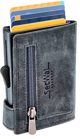 SecWal Kartenetui mit Münzfach Reißverschluss - Made in Germany - Echtleder Geldbörse inkl. E-Book für Damen und Herren - RFID Schutz Portemonnaie Leder - Geldbeutel klein (Hunter Blau)