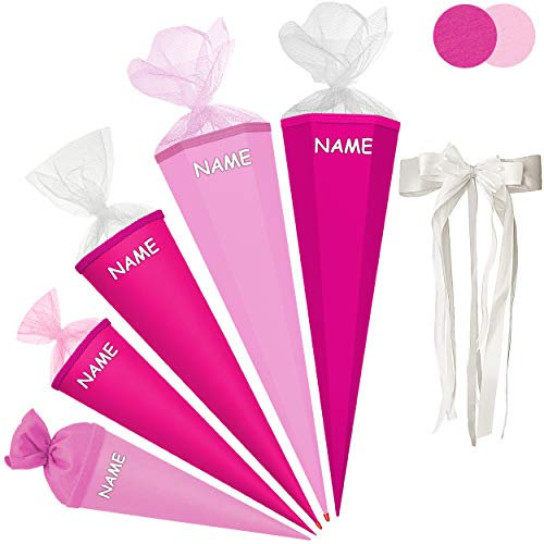 Schultüte - Rohling - PINK/kräftiges rosa - 85 cm - mit Holzspitze - 6 eckig - incl. Name und große Schleife - Tüllabschluß - Zuckertüte - Roth - Jungen Mäd..