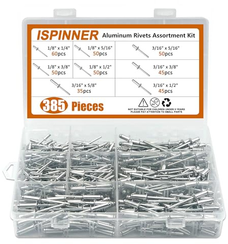 ISPINNER 385pcs 8 Sizes Aluminum Blind Rivets, Pop Rivets Assortment Kit (Silver)
