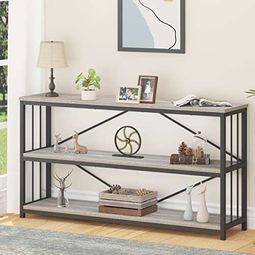 LVB Farmhouse Industrial Console Table, Wood Metal Foyer Entryway Sofa Tables with Storage, 3 Tier Long Rustic Entry Table TV Stand with Shelves for Home Living Room Hallway, Light Grey Oak, 140cm