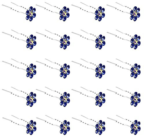 ZOUIQSS 20 Pack (Navy) Crystal Flower Hair Pins Rhinestone Hair Clips for Bridal Wedding Women Hair Jewelry Accessories,with Clear Container