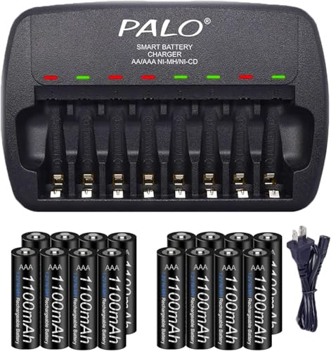 Palowextra AAA Rechargeable Batteries Packs with Charger Kits, 16 Packs 1.2v Ni-MH Low Self Discharge Triple A Batteries with Smart 8 Bay Independent Fast Battery Charger