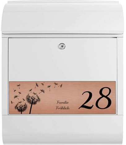 banjado® Briefkasten personalisiert mit graviertem Namensschild in Kupfer/Briefkasten weiß 39x47x14cm / Briefkasten mit Hausnummer, Namen & Motiv Pusteblume/Briefkasten mit Zeitungsfach