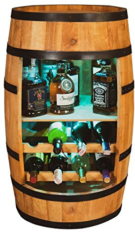 CREATIVE COOPER Weinschrank mit Regal und Weinliege - LED RGB - Retro Weinregal - 80 cm x 50 cm - Erlenholz Fassbar - Farbe Eiche