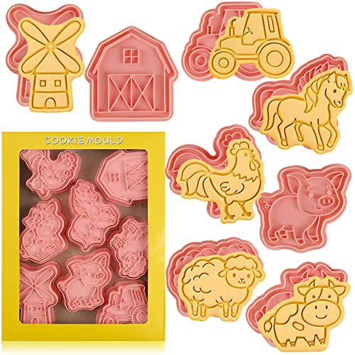 Lot de 8 emporte-pièces en forme de ferme avec tampons à piston, jolis emporte-pièces pour biscuits, collations, fromage