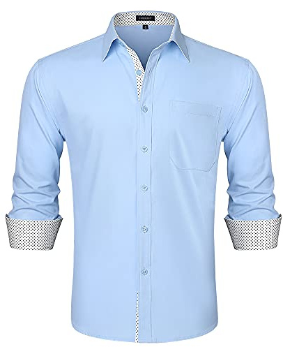 HISDERN Chemise à Manches Longues pour Homme Blue Chemises Habillées Hommes de Marque Regular Fit Casual Business Chemise,Bleu,4XL