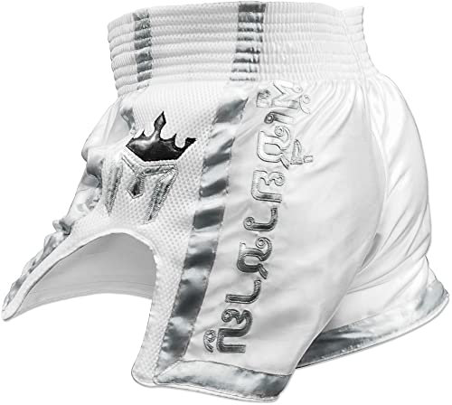 Meister Elite Muay Thai-Shorts, voll elastischer Bund mit Netzstoff, weiß / silber, 34-35