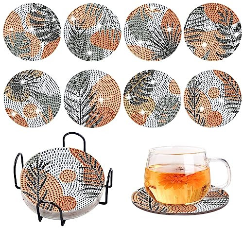Diamond Painting Untersetzer, 8 Stück DIY Grüne Blätter Diamond Untersetzer mit Halter Dekorative Hölzern Untersetzer mit Diamond Painting Kit für Erwachsene Kinder Anfänger