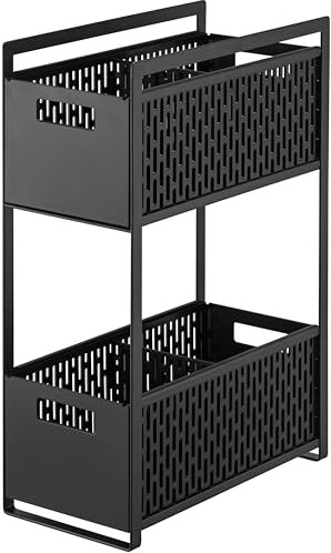 Yamazaki 5219 TOWER 2~Tiered Storage Basket Set, black, ABS Resin/Steel/Silicone, 16 x 32.5 x 46 cm