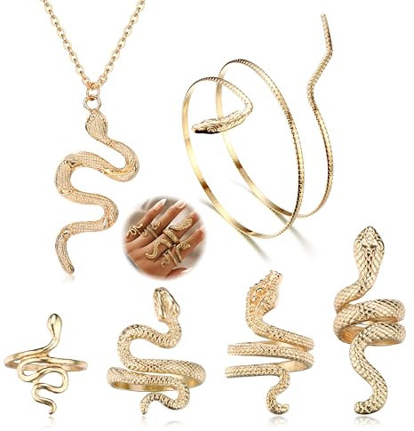 Morfetto Schlangenschmuck Schlangenarmband Schlangenarmmanschette Schlangenringe Schlangenhalsketten Set Schlangenzubehör Schlangenschmuck für Damen Gold