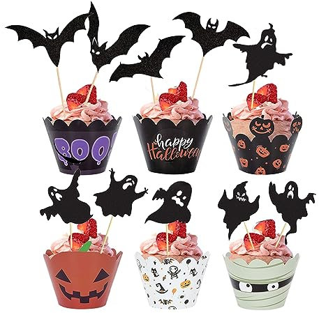 KALUROIL 24 PCS Halloween Cupcake Toppers - Schwarz Geist Tortendeko - Kuchen Dekorationen - Gruselige Geisterformen -Fledermausform