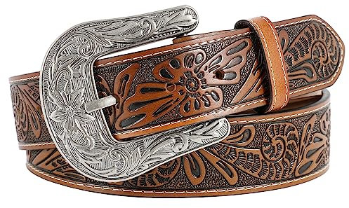 SUOSDEY Westerngürtel für Damen Herren, Cowboy Cowgirl Ledergürtel für Jeans, Vintage Gravurgürtel mit Schnalle braun
