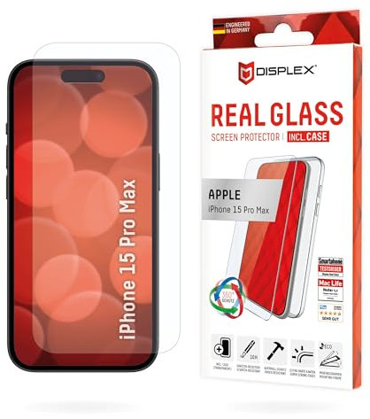 DISPLEX Panzerglas (10H) + Schutzhülle für Apple iPhone 15 Pro Max, Eco-Montagerahmen, + Case, Tempered Glas, kratzer-resistente Schutzfolie