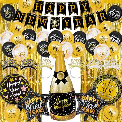 Silvester Deko, Silvester Dekoration 2025, 34PCS Neujahr Silvesterdeko, Happy New Year Banner, Silvester Luftballon, Party Krachmacher, Silvester Haarreifen, Silvester Accessoire für Silvester Party